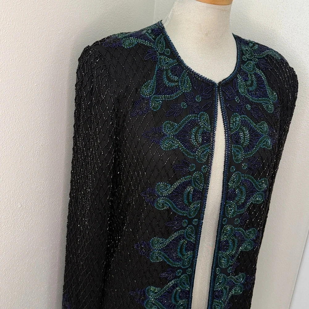 SCALA 100% pure silk beaded top jacket cardigan India medium black blue green